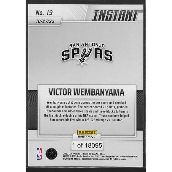 2023-24 Panini Instant /18095 Victor Wembanyama #19 Rookie RC - Picture 2 of 2